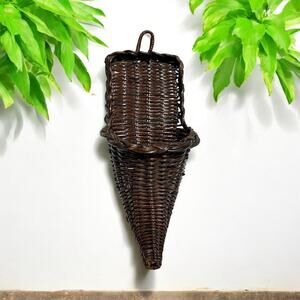wicker rattan cornucopia wall pocket hang basket horn of plenty rustic woven